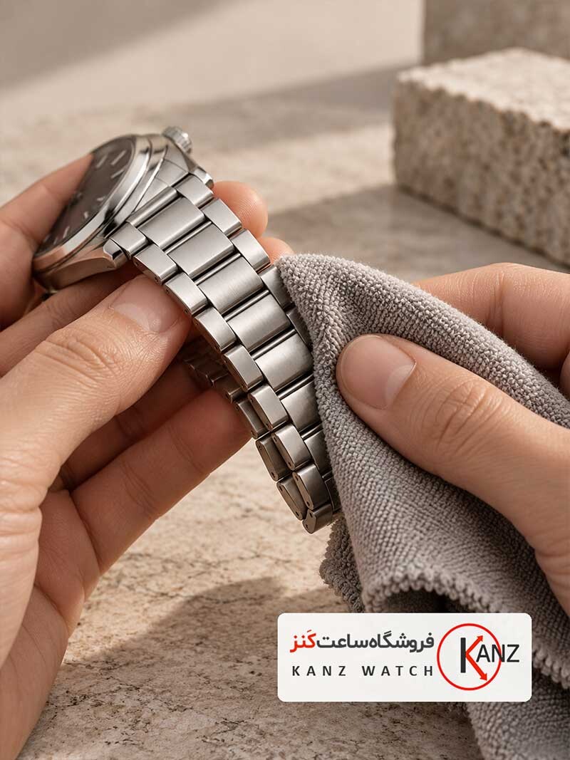 تمیز کردن بند فلزی ساعت مچی با دستمال نرم میکروفایبر
