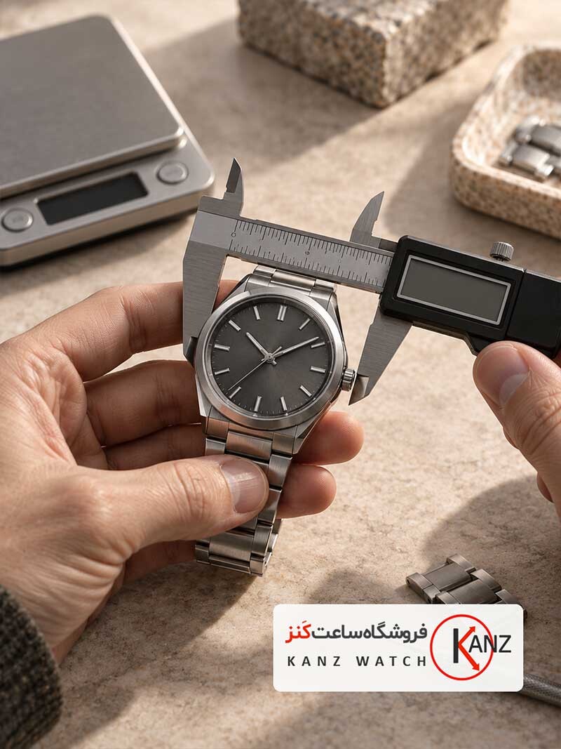 اندازه‌گیری ابعاد قاب ساعت مچی با کولیس برای بررسی تناسب پیش از خرید